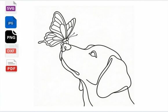 Dog and Butterfly Line Art SVG