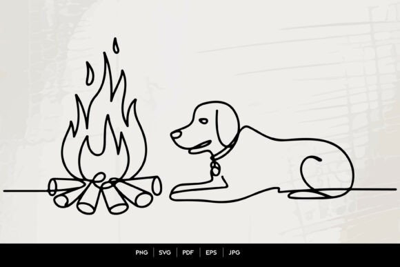 Dog by Campfire Line Art