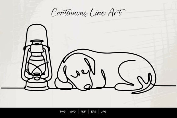 Sleeping Dog with Lantern Line Art